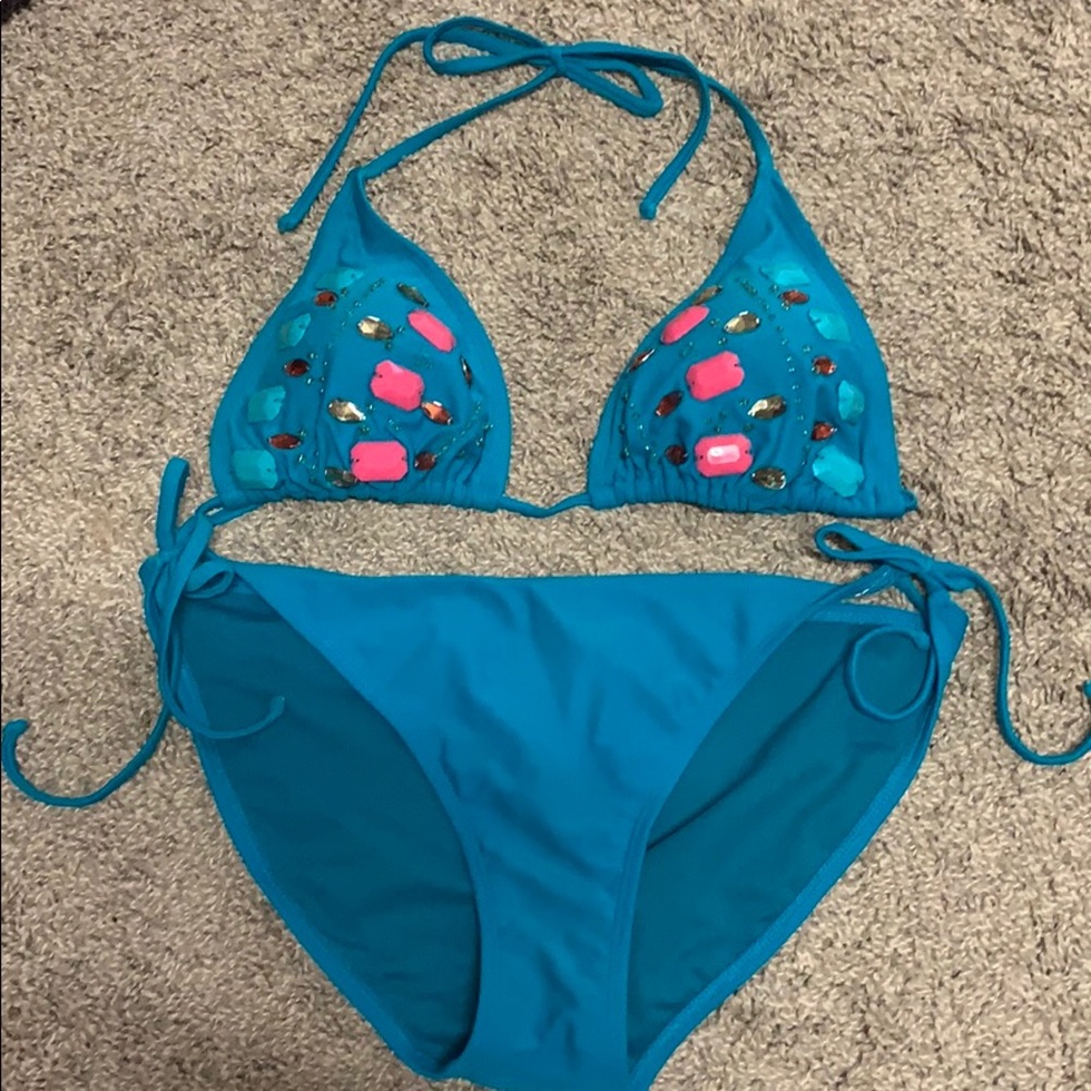 Blue Embellished Jewel String Bikini